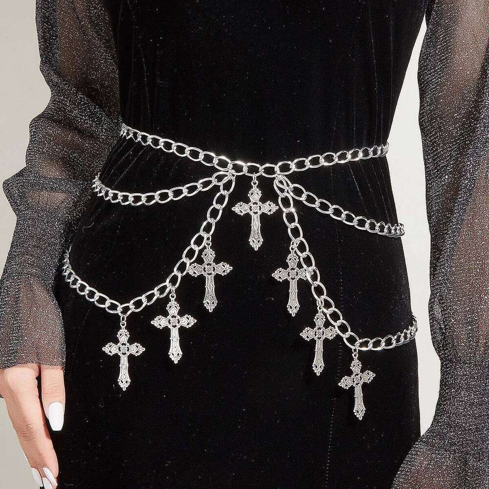 European American Stylish Hip Hop Metal Hollow Cross Pendant Waist Fashionable Minimalist Multi Layer Body Chain H260228
