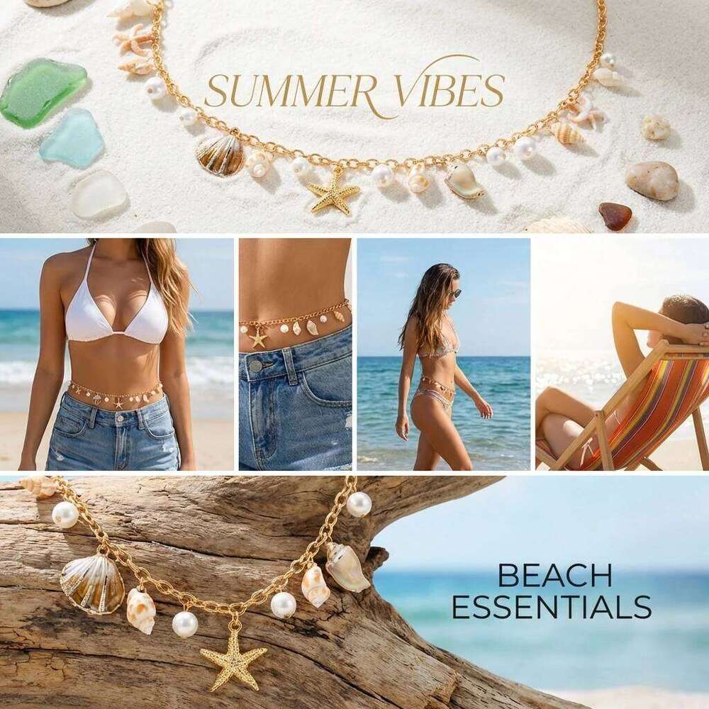 Bohemian Sea Star Conch Waist For Women Summer Beach Party Shell Imitation Pearl Metal Body Chain Girls Holiday Jewelry H260228