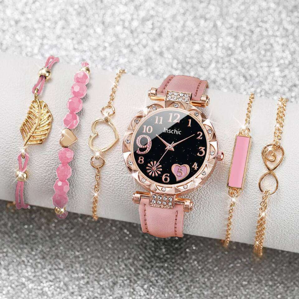 6PCS/Set Fashion Heart Dial Women's Casual Leather Band Analog Quartz Leaf s SetWithout Box H260228