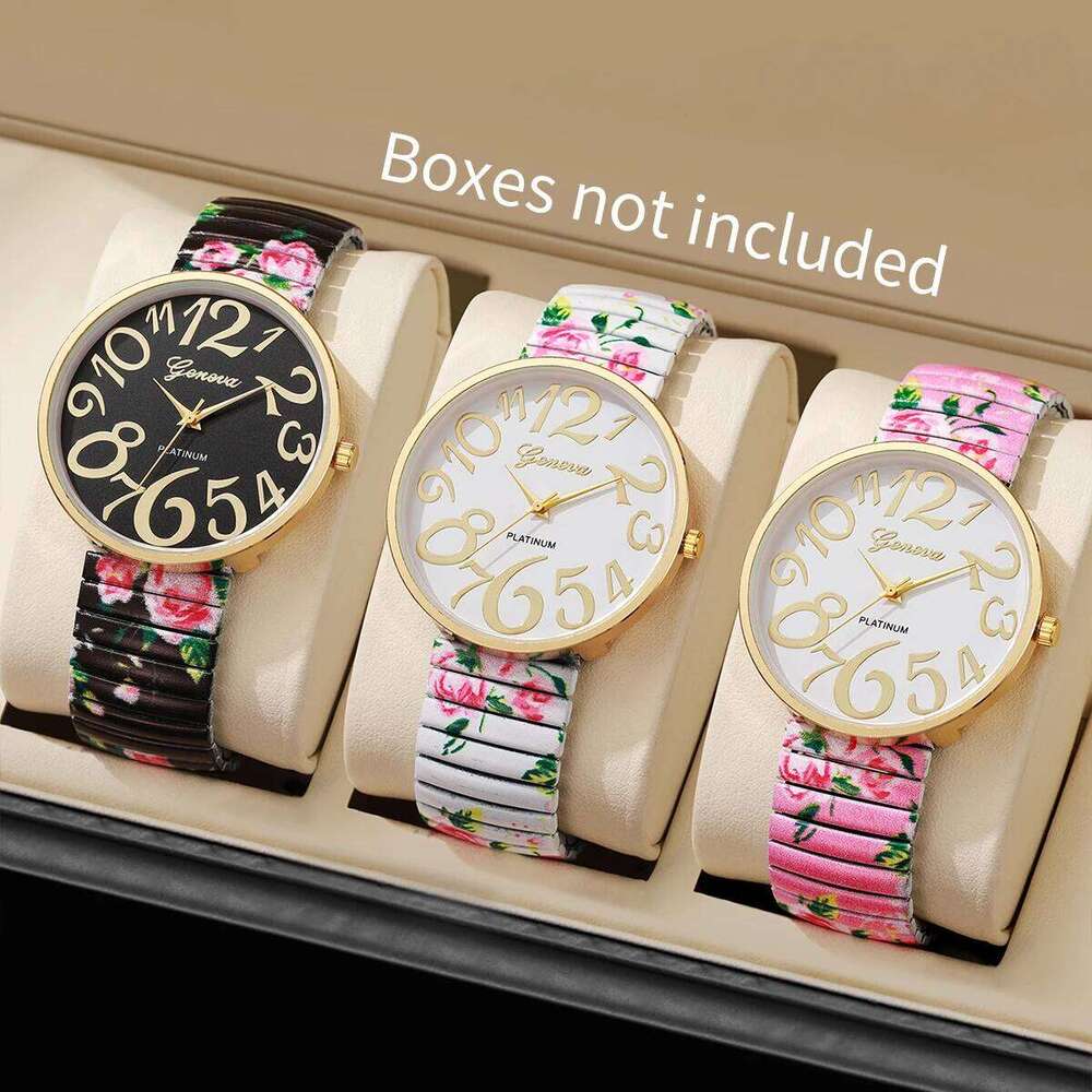 1/2/3/4PCS Fashion Flowers Printed Women Elastic Strap Arabic Quartz es Reloj Mujer Girls ClockWithout Box H260228