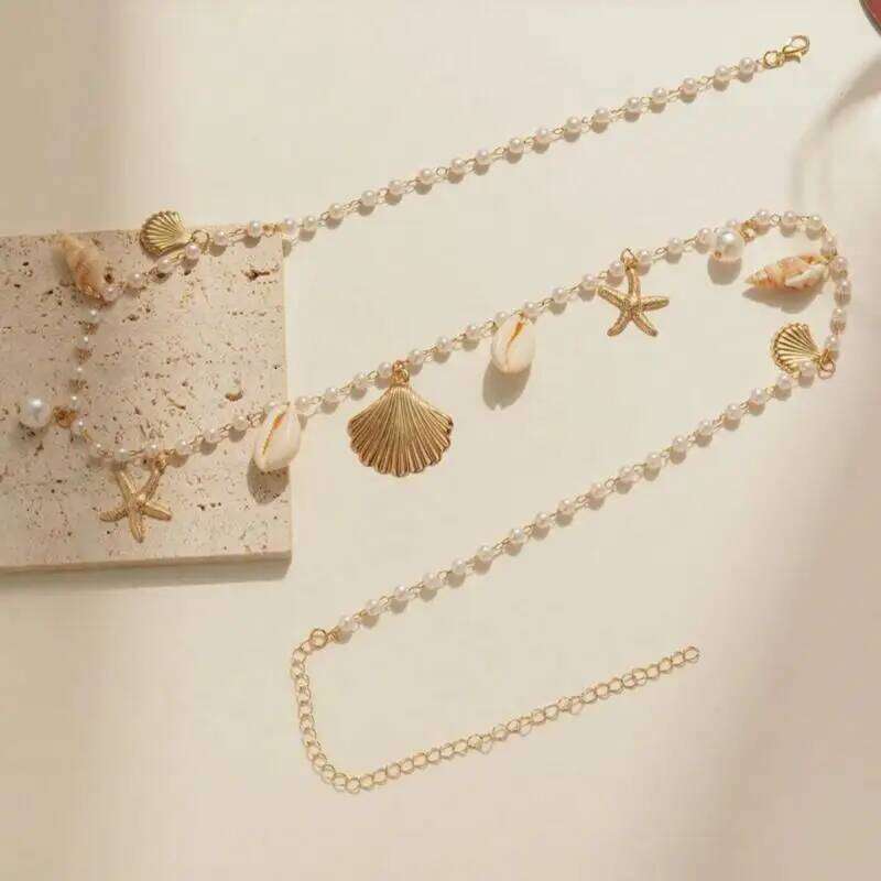 Trendy Y2k Summer Bohemian Chain Sea Star Pearl Shell Waist Link For Women Girls Beach Bikini Body Decoration Jewelry H260228