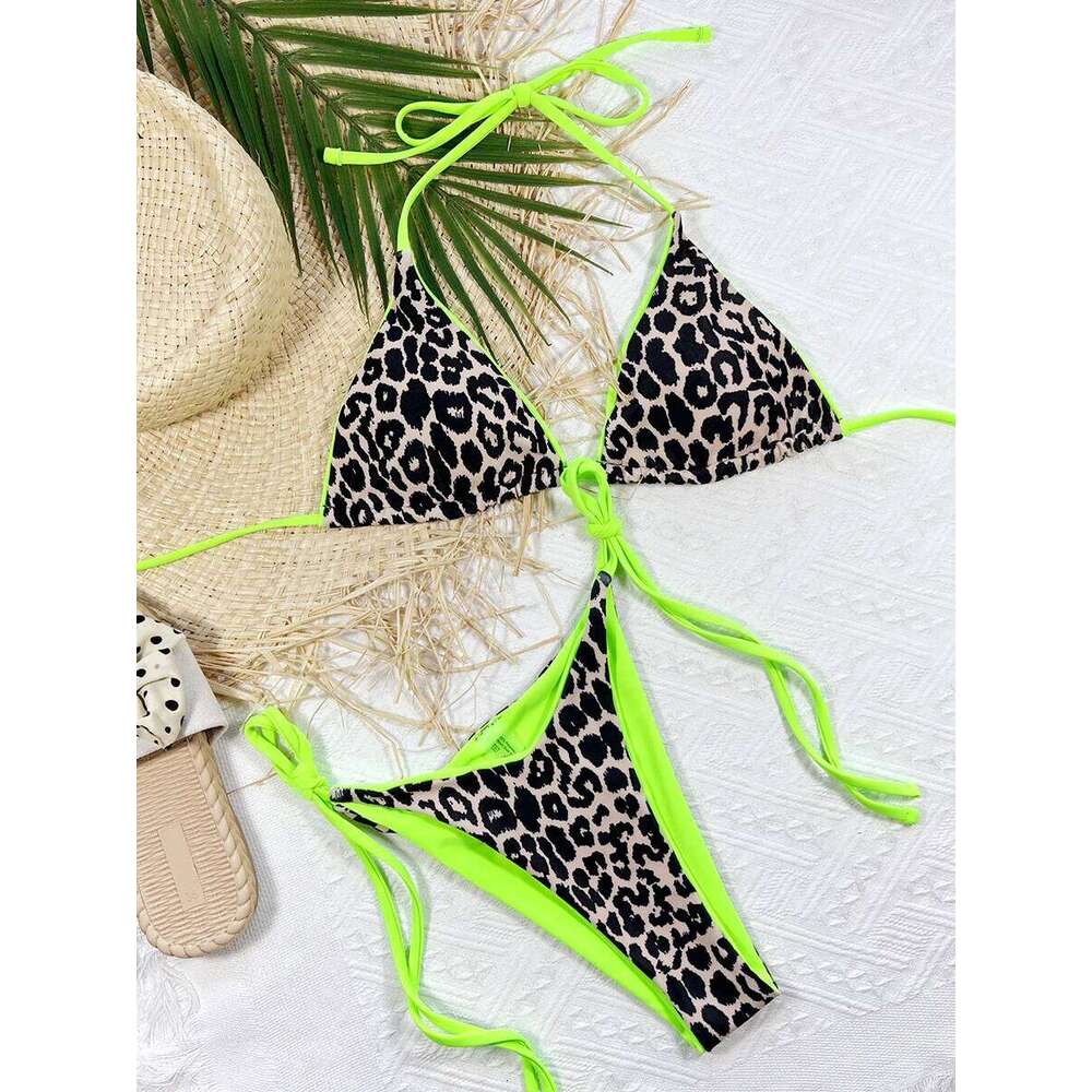 Yiiciovy Leopard Print Women Bathing Suit Biquinis Tie-Up Halter Padded Bra Thong Bottoms Bikini Set Female Swimsuits Z260301