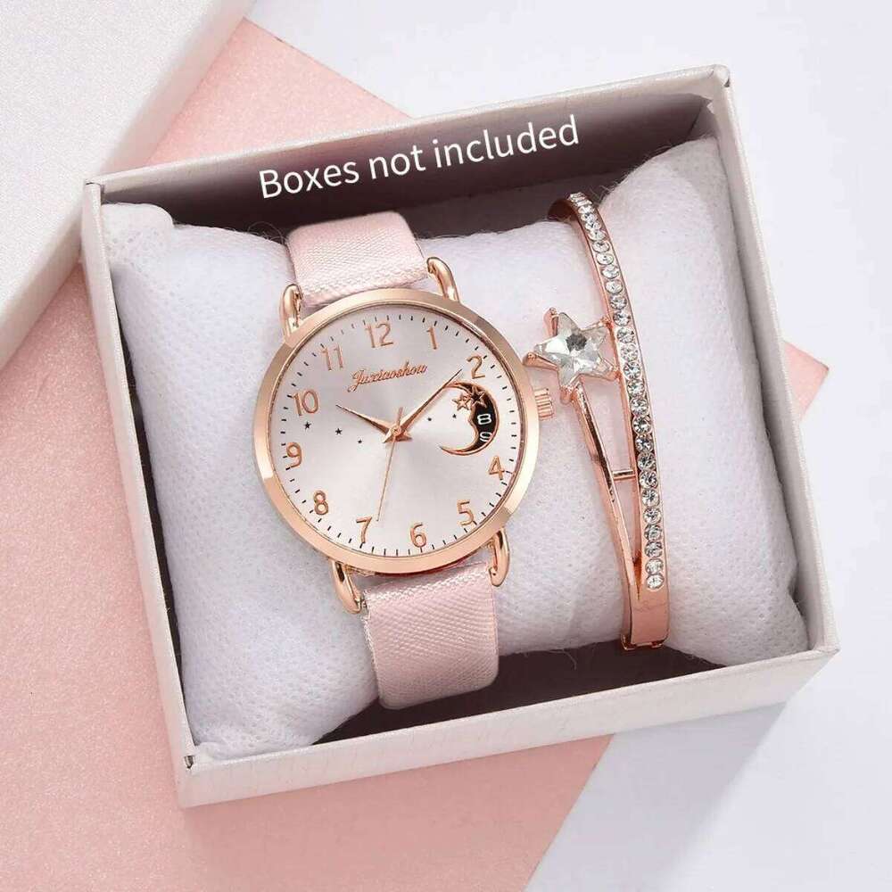 2PCS Fashion Moon Dial Women es Set Casual Leather Strap Ladies Quartz Wrist Reloj MujerWithout Box H260228
