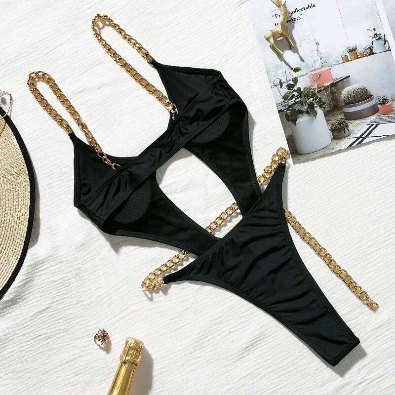 Sexy Metal Chains String High One Piece Swimsuit Women Swimwear Female Monokini Tummy Cut Out Bathing Suit Swim Beach Wear Z260301