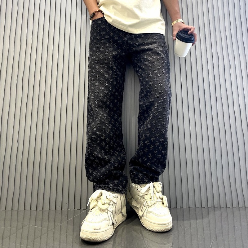 Luxury Designer Clothes 2025 Jacquard Full Print High Street Trendy Brand INS Design Sense Jeans Loose Straight Washed Wide Leg Long Pants