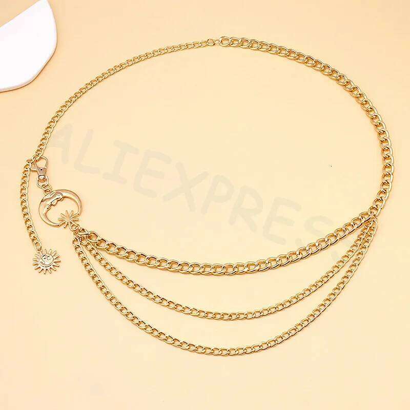1Pc Hip Hop Punk Style European American Fashion Accessory Moon & Sun Crescent Multi-Layer Metal Chain Waist Belt H260228