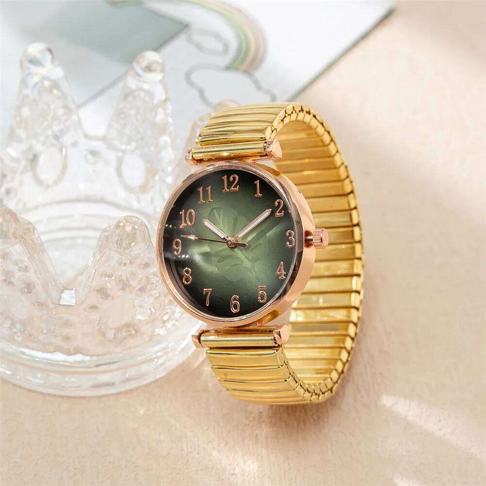 Minimalist Digital Leaf Pattern Women's Quartz Fashion Gold Stretch Classless Strap Ladies Dress Clock Wristes H260228