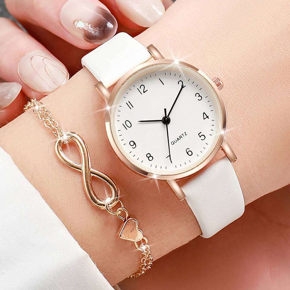2PCS/Set Women's Fashion Arabic Dial Leather Band Quartz es Gold Heart Set H260228