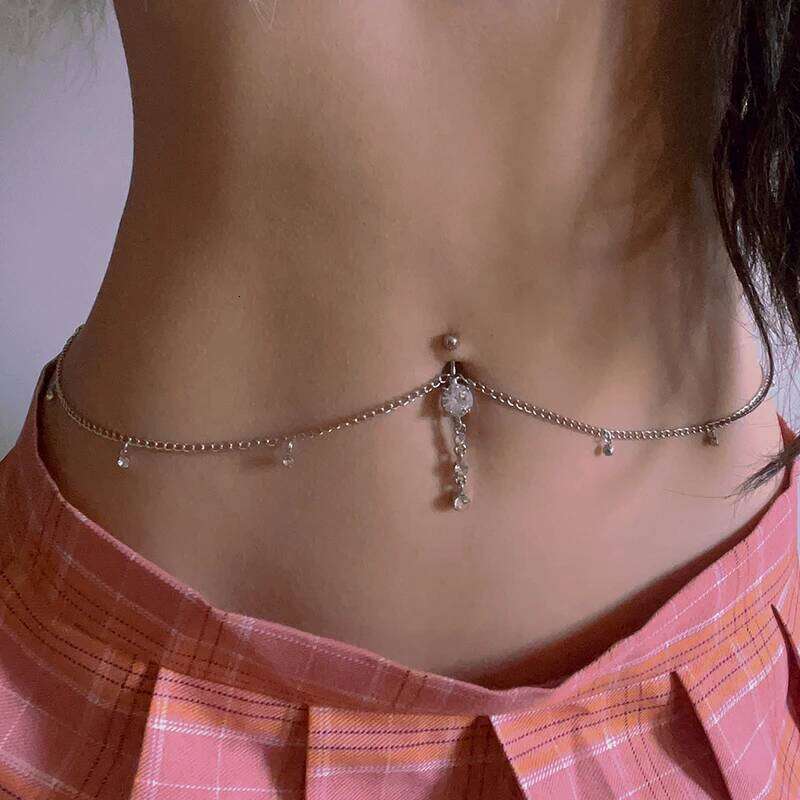 Women Sexy Rhinestone Dangle Belly Navel Piercing Ring Body Waist Chain Button Summer Beach Jewelry H260228