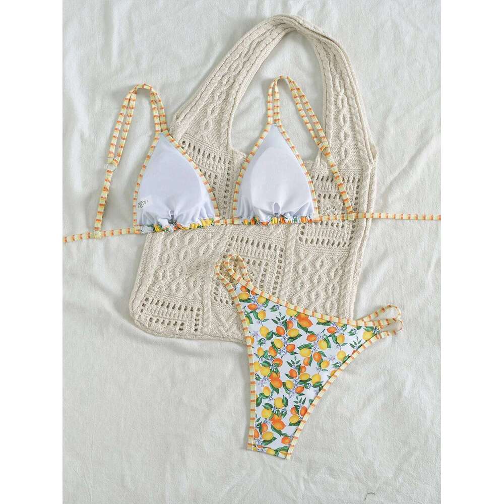 Sexy Orange Print Micro Bikini 2025 Women Double Strap Push Up Bra Hollow Out Thong Swimsuit Beach Bathing Suit Holiday Swimwear Z260301
