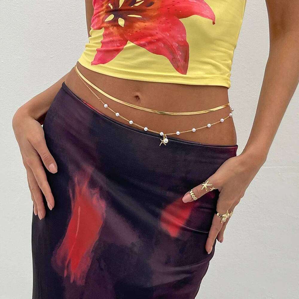 Simple and Fashionable Vacation Style Starfish Shell Body for Women's Sexy Metal Flat Snake Pearl Bead Waist Chain H260228