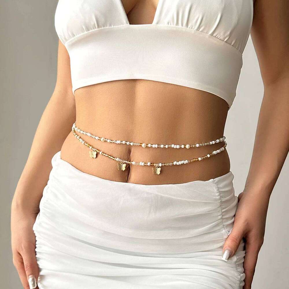Metal Shell Imitation Pearl Long Tassel Waist for Women Butterfly Starfish Belly Belt Chain Beach Bikini Body Jewelry Gift H260228