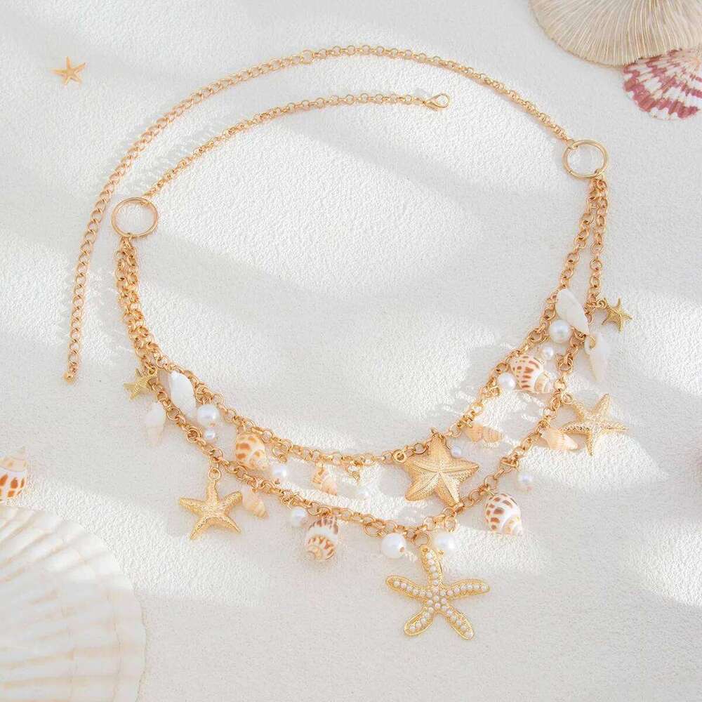 New European and American Bohemian Beach Starfish Shell Waist Chain, Fashion Imitation Pearl Conch Body Chain H260228