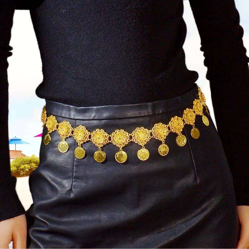 New Fashion Afghan Waistband Jewelry Bohemian Colored Acrylic Gems Gold Color Droplet Coin Tassel Waist Chain Belt For Women H260228