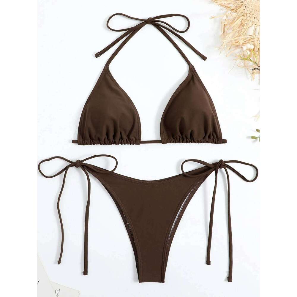 Sexy Brown Bikini 2025 Women Solid Red Halter Push Bra Tie Side Triangle Swimsuit Summer Bathing Suit Lace Up Micro Swimwear Z260301
