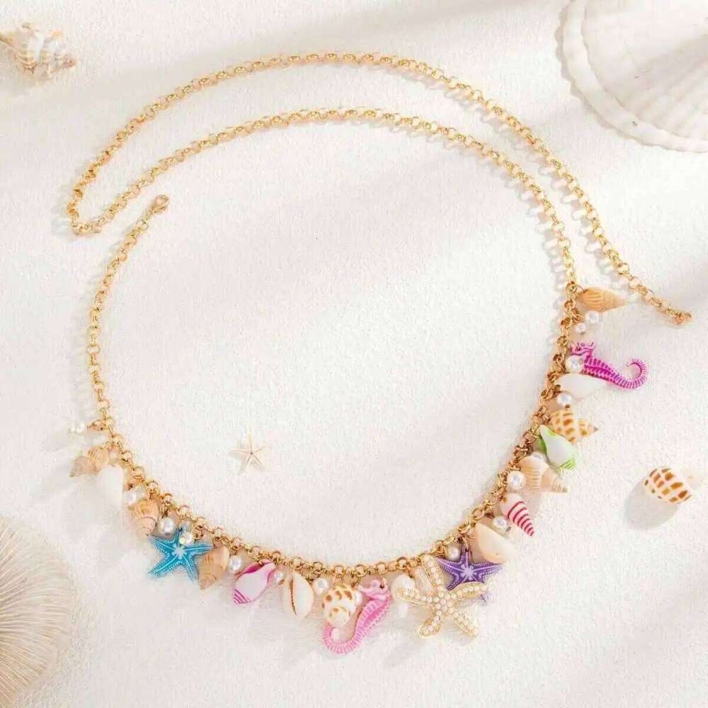 Salircon Boho Starfish Conch Colorful Waist Women Summer Beach Imitation Pearl Sexy Bikini Belly Body Chain Y2K Jewelry H260228