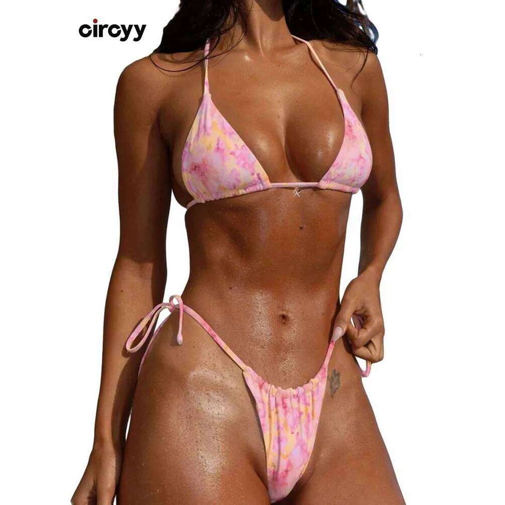 Circyy Print Swimwear Women Two-piece Backless Beachwear Lace Up Fashion Vintage Female Split Swimsuit Summer 2025 New Z260301