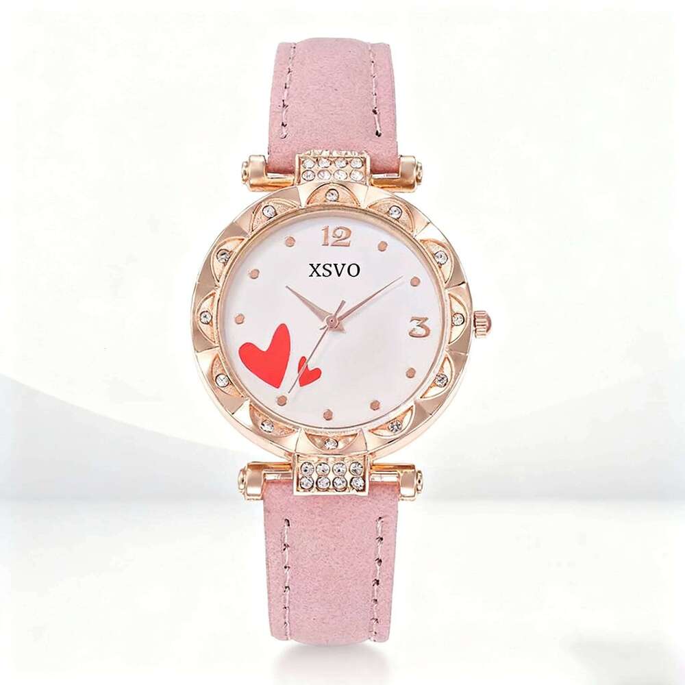 Women's Love 4-piece Belt Diamond Heart-shaped Dial Quartz Girl's Heart Student Christmas Gift H260228