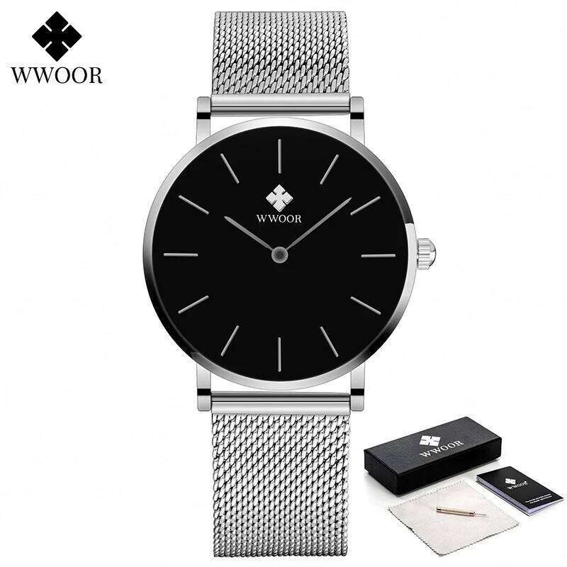 WWOOR New Womens Fashion Simple Ladies Slim Silver Black Dress Steel Mesh Sports Waterproof Wristes Reloj Mujer H260228