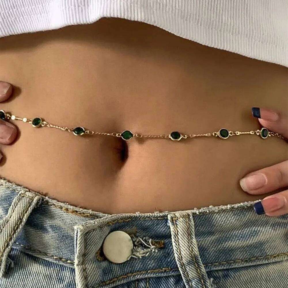 Fashion Sexy Vintage Aesthetic Belly Green Crystal Thin Link Body For Women Waist Chain Belt Y2K Streetwear Jewelry H260228