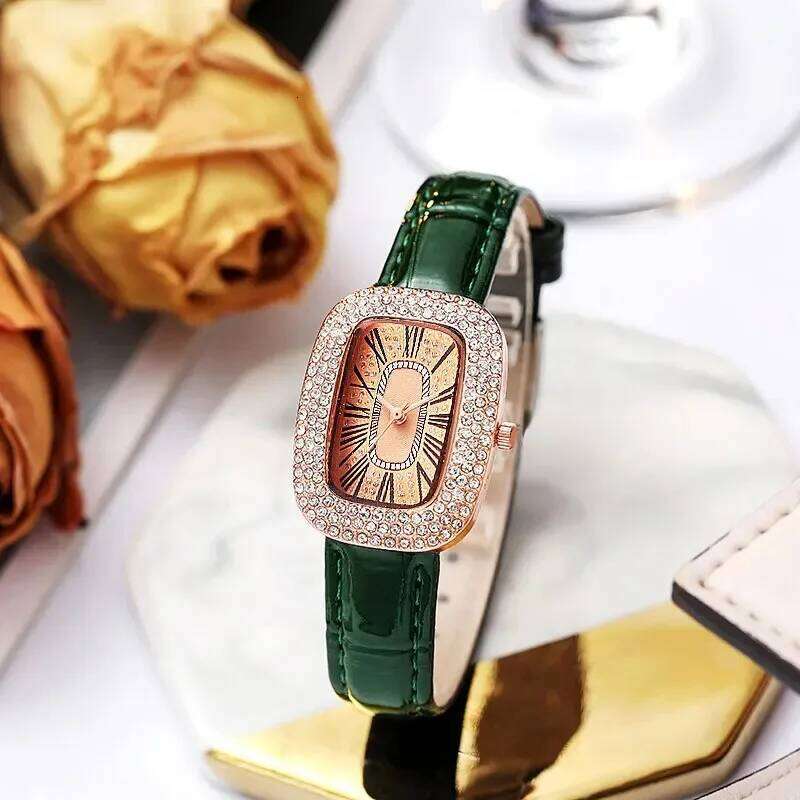 Vintage Square Ladies Full Star Diamonds Quartz Casual Green Leather Dress Women's Clock Wrist Gift H260228