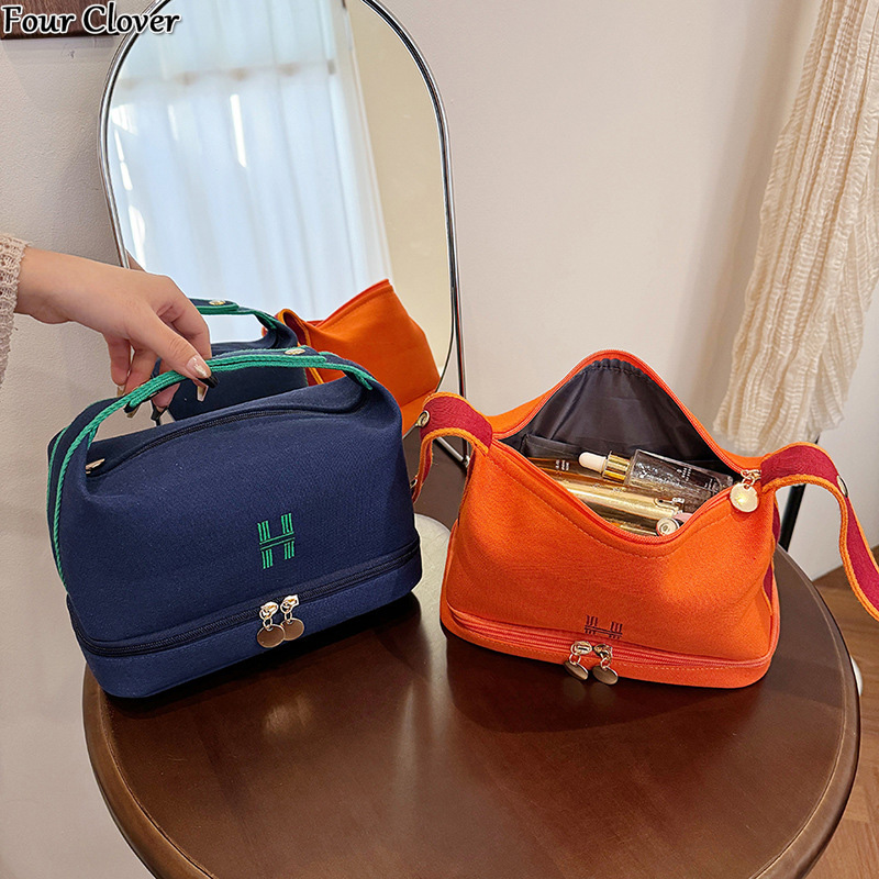 Travel portable canvas makeup bag, large capacity zippered storage bag, double-layer lunch box bag, fashionable luxury storage bag, multi-functional t