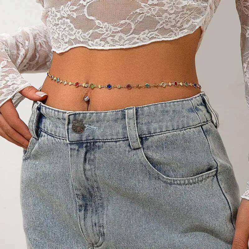 Fashion Colored Glass Crystal Waist Chain for Women Punk Summer Sexy Beach Bikini Body Jewelry Y2K Accessories H260228