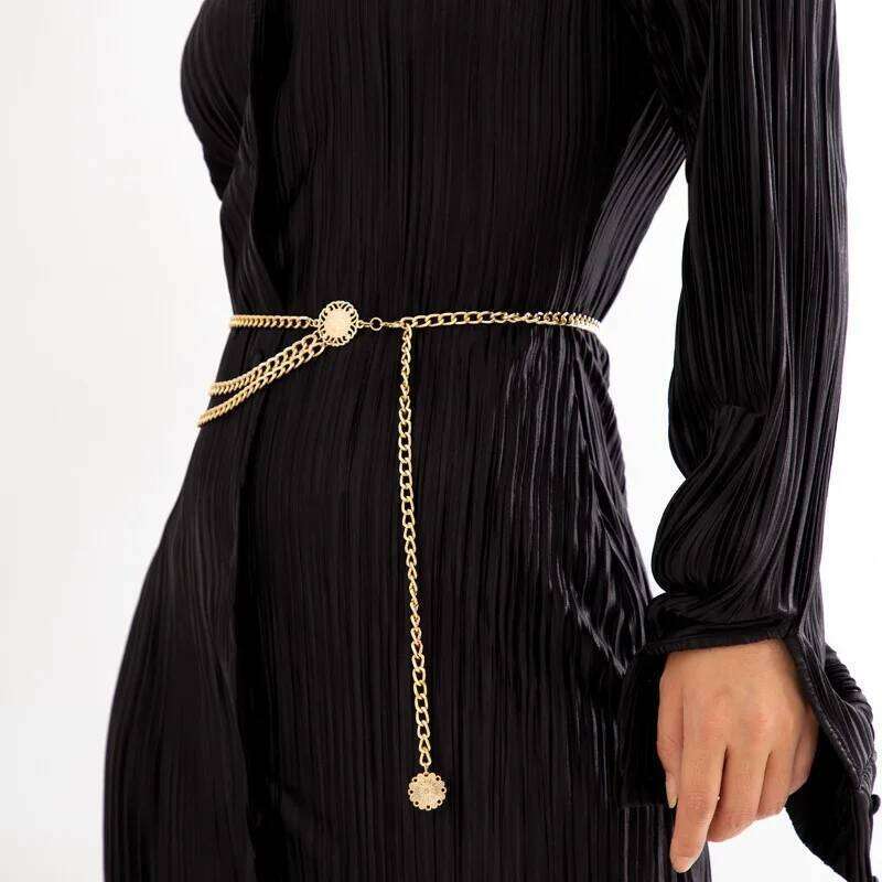 2025 Punk Hip Hop Style All-match Moon Metal Womans Dress Vintage High Waist Chain Belt for Women H260228