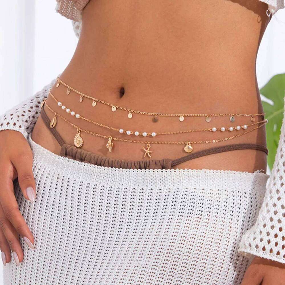 SHIXIN 3Pcs/Set Gold Color Sequins Tassel Belly for Women Summer Beach Bikini Imitation Pearl Starfish Conch Waist Chain H260228
