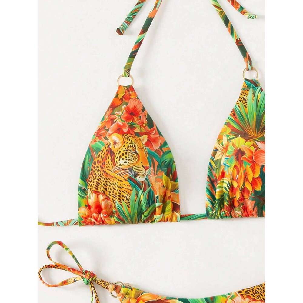 Tropical Print Bikini Set Women's 2025 New 2 Piece Swimsuit Sexy Triangle Halter Backless Thong Swimwear Beach Vacation Wear Z260301