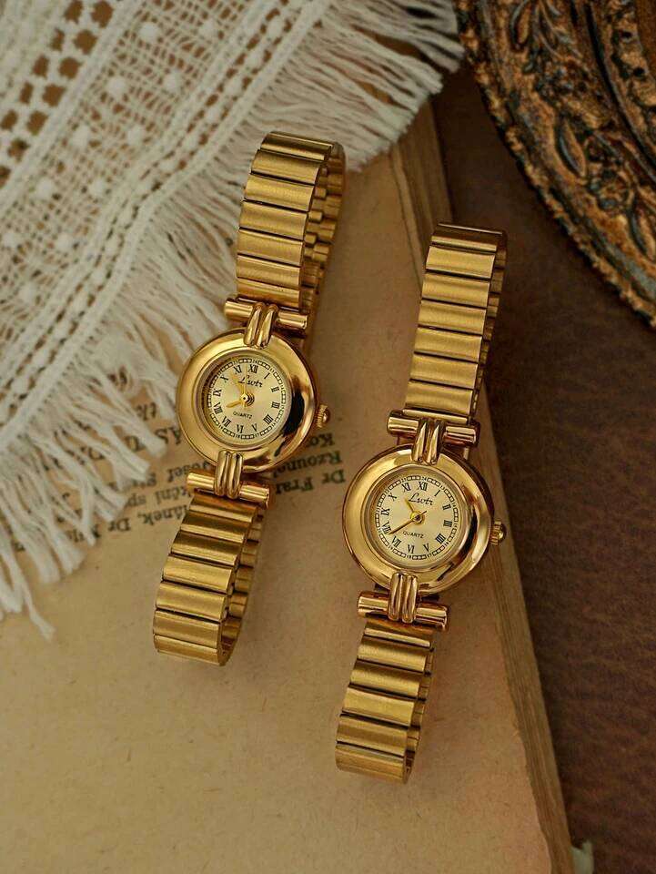1 Piece of French Retro Gold Small Fashionable, Elegant, Exquisite, Compact Waterproof Quartz , Suitable for Daily Wear, Dinner and Other Occasions, H