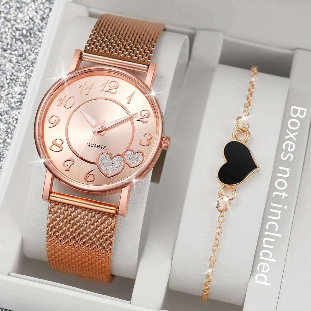 2PCS/Set Fashion Heart Dial Women's Quartz Plastic Band Analog es SetWithout Box H260228
