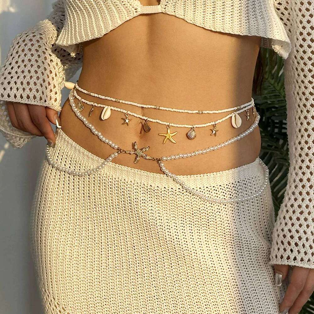 Boho Sexy Fashion Layered Tassel Starfish Waist Belly Women Summer Beach Sea Turtle Conch Shell Pearl Body Chain Jewelry H260228