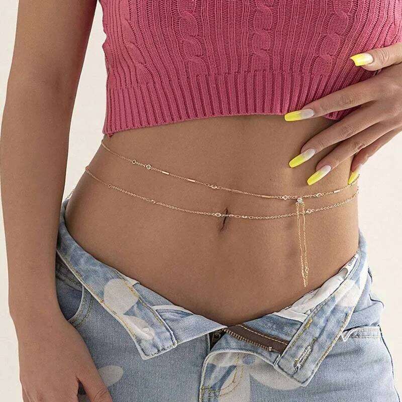 Fashion Sexy Double-Layer Thin Waist for Women Exquisite Metal Crystal Cross Tassel Belly Chain Body Jewelry Party Gifts H260228