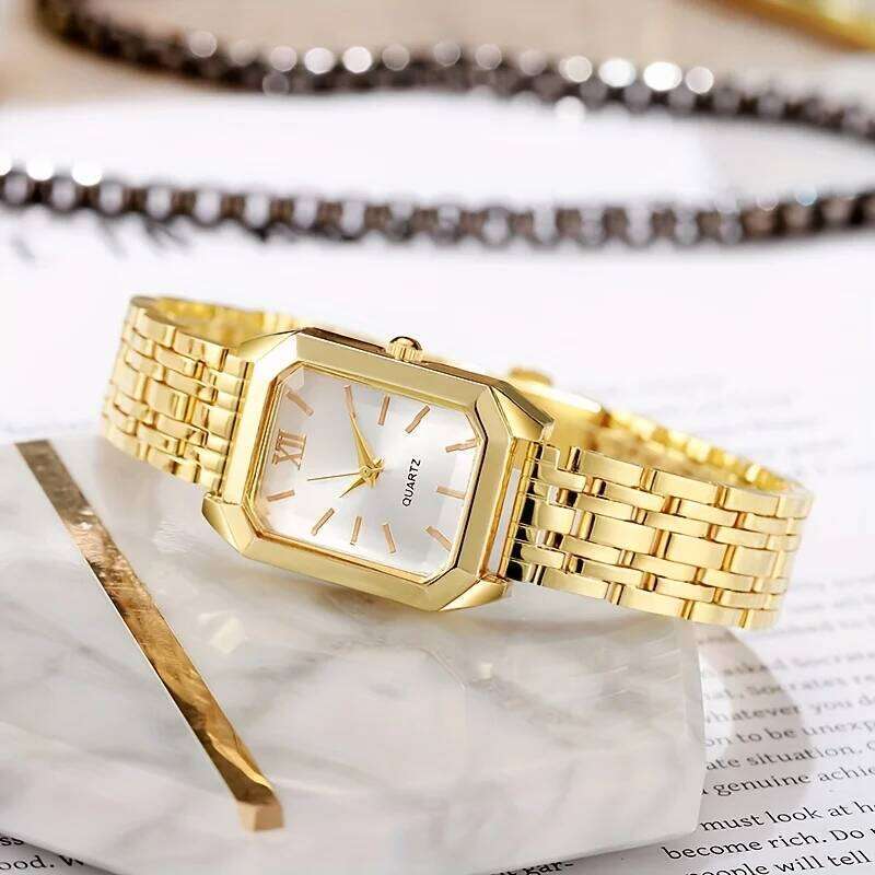1Pcs Elegant Women's - Golden-Tone Case Steel Band, Quartz Movement with Roman Numerals,Fashion Ladies Accessory H260228