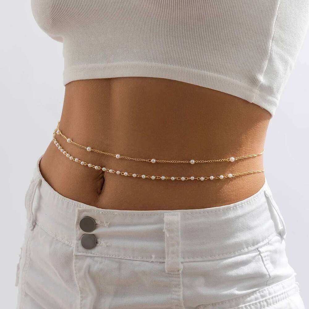 2Pcs/Set Sexy Boho Imitation Pearl Belly Waist Chain for Women Summer Bikini Double Layer Belt Body Jewelry Festival Accessories H260228
