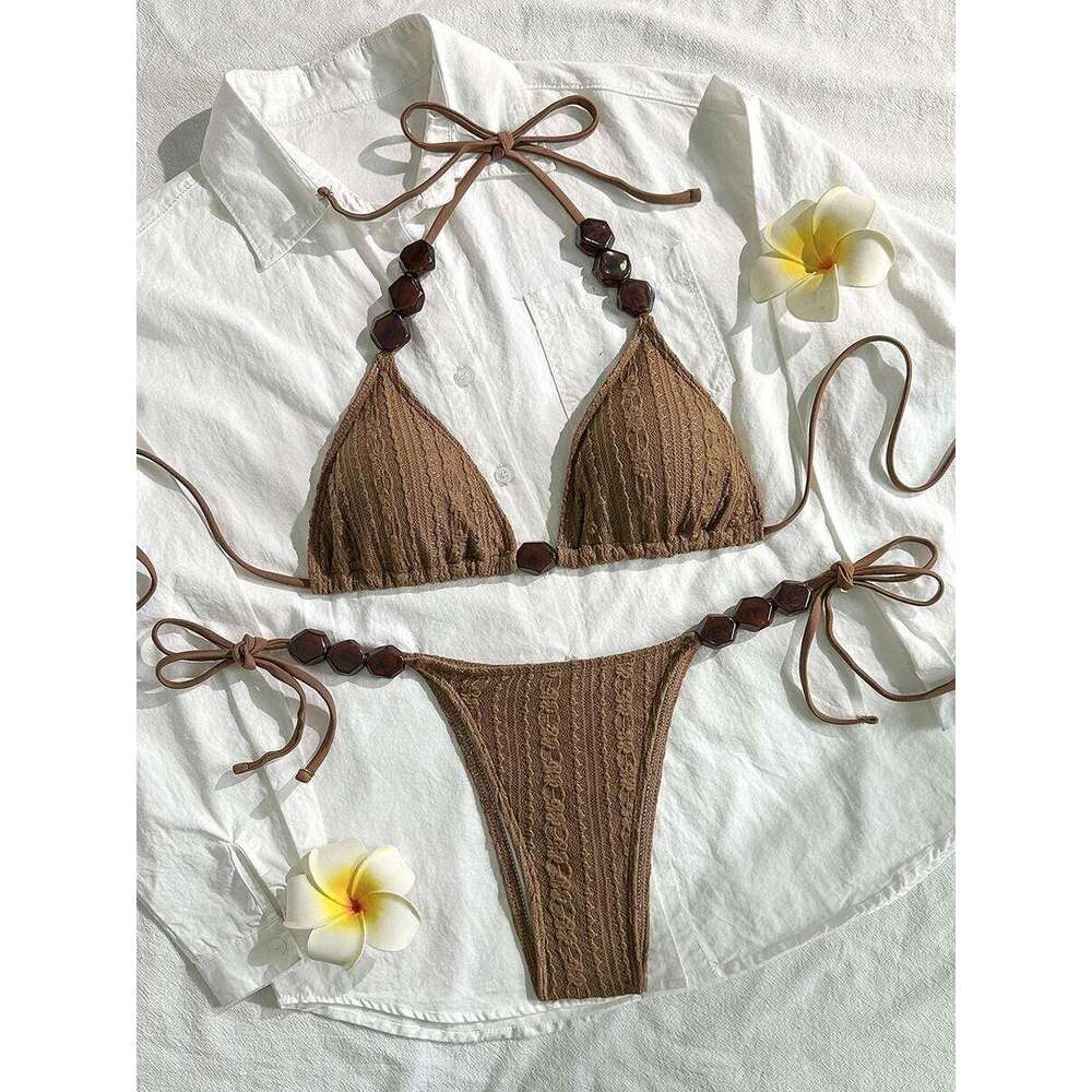 Wrinkled Halter Strappy Women Swimwear Female Swimsuit Two-pieces Bikini Set High Cut Bather Bathing Suit Swim Beachwear Z260301