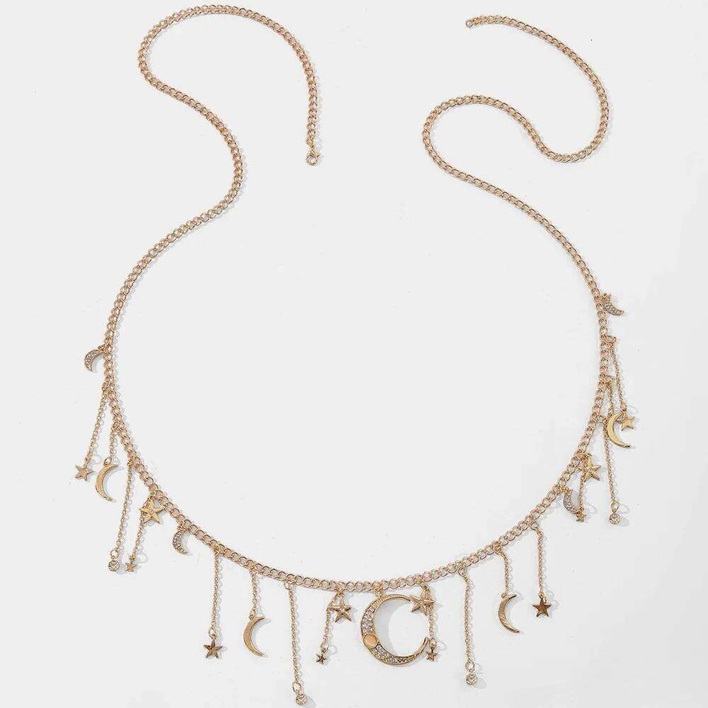 New Fashion Body Jewelry Summer Beach Vacation Rhinestone Star Moon Tassel Waist Chain Women's Party Accessories H260228