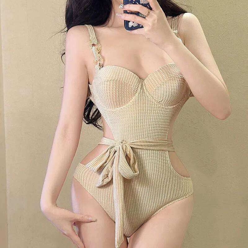 Korean One Piece Swimsuit for Women, Spaghetti Strap Push Up Small Bust, Tummy Control Slim Fit Spicy Vibe Vacation Bathing Suit Z260301