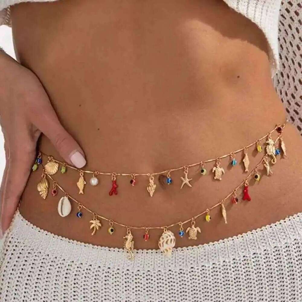 Salircon Boho Conch Seahorse Starfish Charm Pendant Waist Women 2025 New Summer Beach Sexy Bikini Body Belly Chain Jewelry H260228
