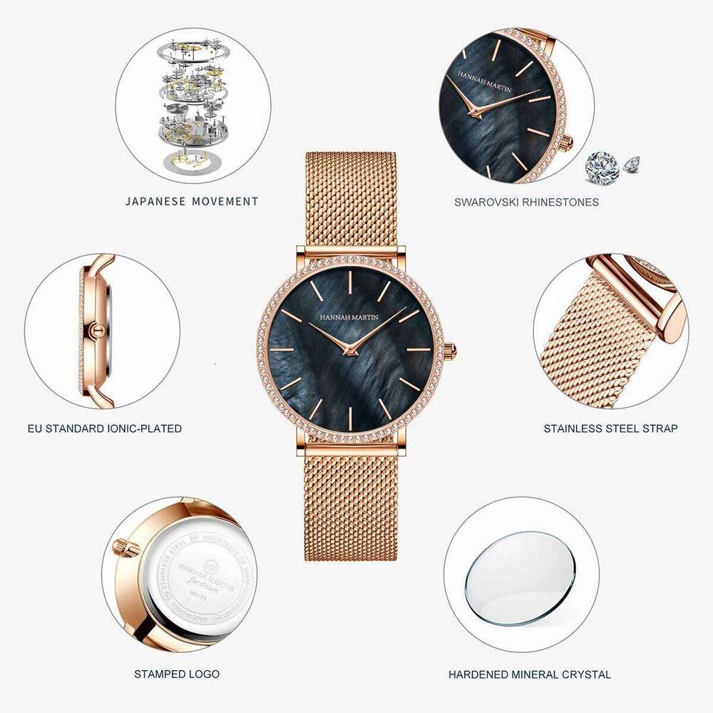 Hannah Martin Water Diamond Women Fashion 36mm Shell Dial Rose Gold Stainless Steel Japanese Original Quartz H260228