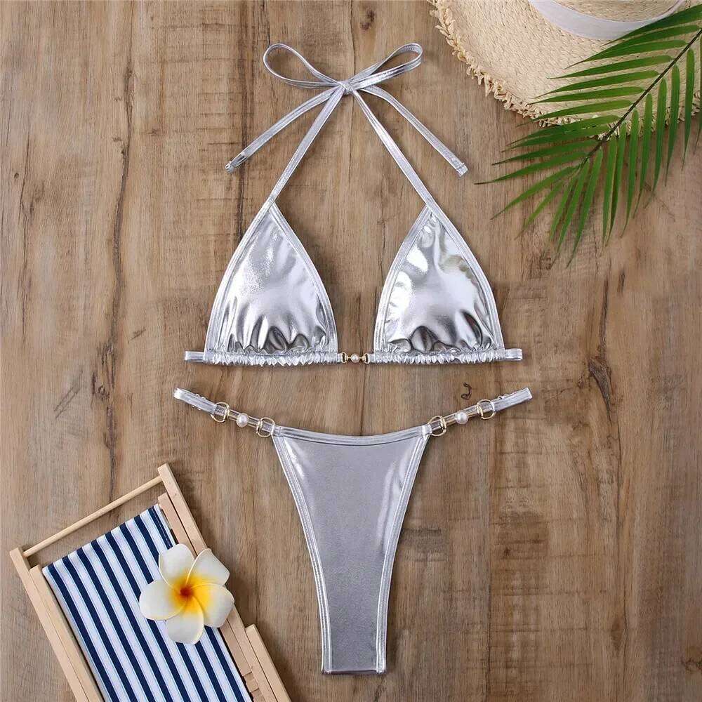 Shiny Red String Halter Triangle Micro Bikinis Sets Sexy Swimsuit Women Thong Bathing Suit Lace-up Bikini 2025 Mujer Biqiunis Z260301