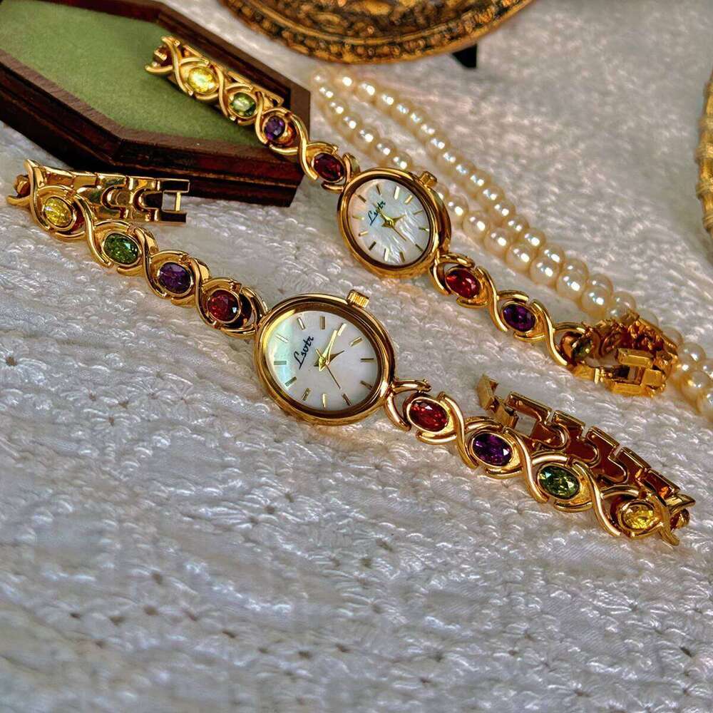 1pc New High-End Luxury Women's Embedded With Colorful Tourmalines, Diamonds And An Oval Shaped Mother Of Pearl Dial. H260228