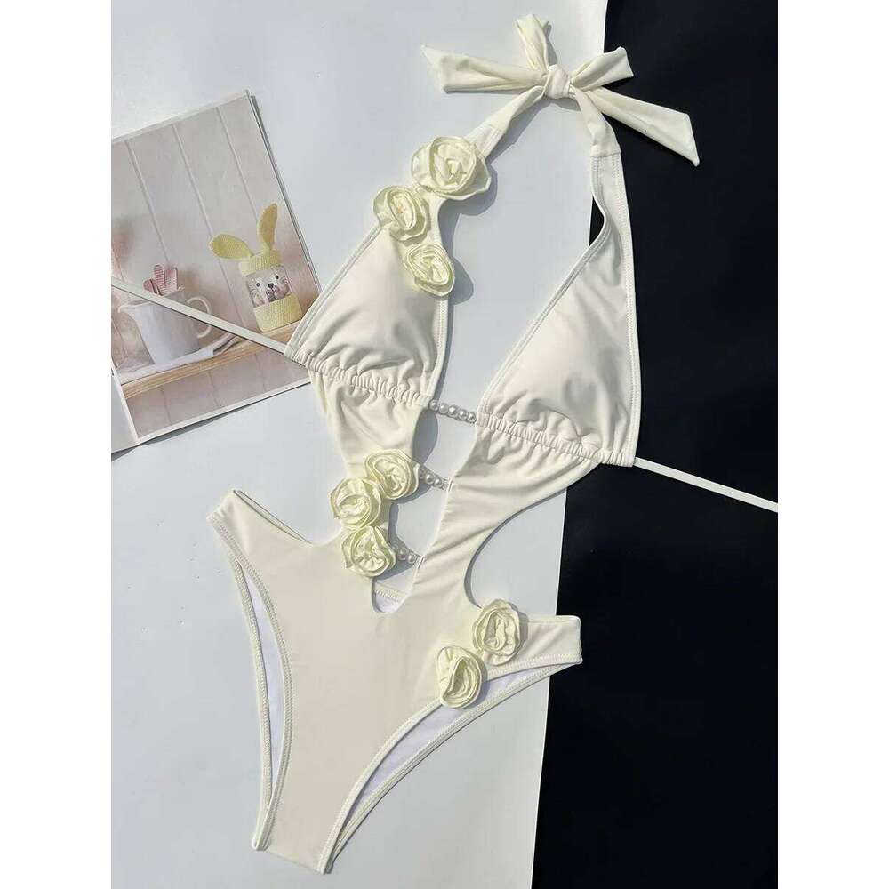 3D Flowers Deep V Neck Halter Women Backless Swimwear One Piece Swimsuit Female High Cut Monokini Bather Bathing Suit Swim Lady Z260301