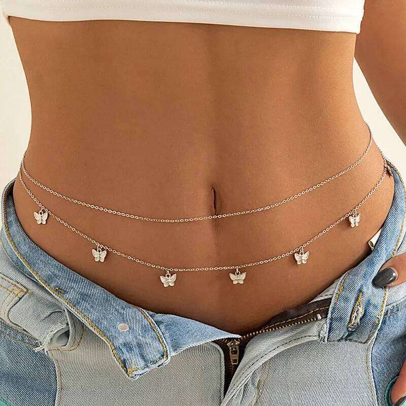 2023 Sexy Double Thin Women's Waist Charming Butterfly Stainless Steel Belly Chain Summer Beach Bikini Body Jewelry H260228