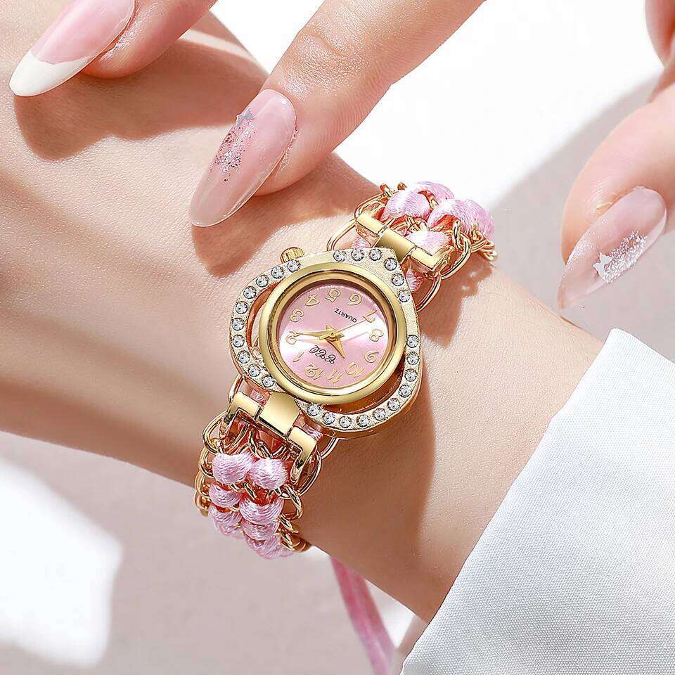 Rhinestone Women es Fashion Heart Dial Woven Strap Ladies Quartz Wrist Reloj MujerWithout Box H260228