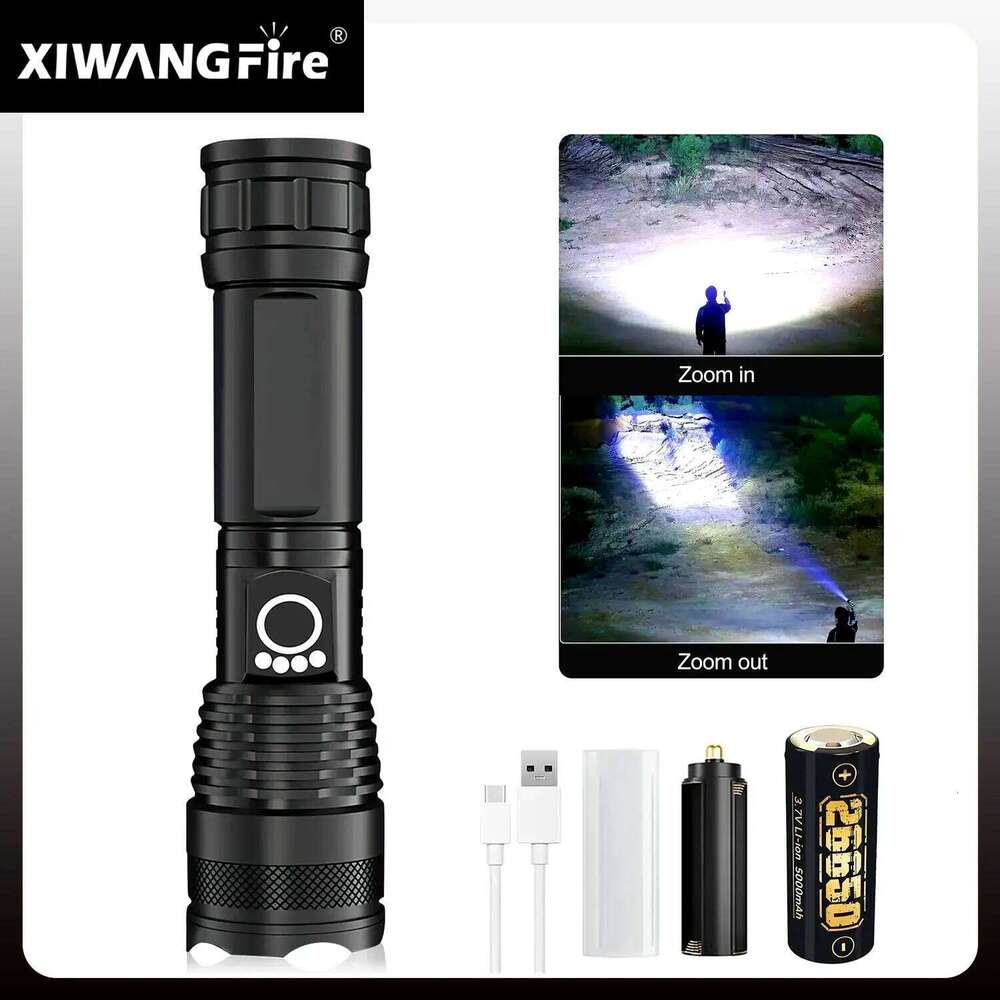 Super Bright Flashlight With Power Display 5 Light Modes Portable Telescopic Zoom Rechargeable Torch IP46 Waterproof For Outdoor Z260301
