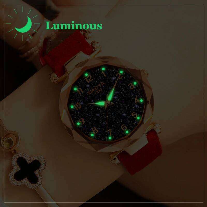 Xiaoya Women's Personality Romantic Starry Sky es Women Rhinestone Face Leather Band Quartz Wist Reloj Mujer H260228