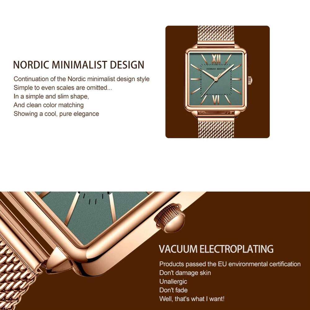Hannah Martin Classic Women's Fashion Square Stainless Steel Mesh Belt with Japanese Quartz Movement Gift for Women H260228