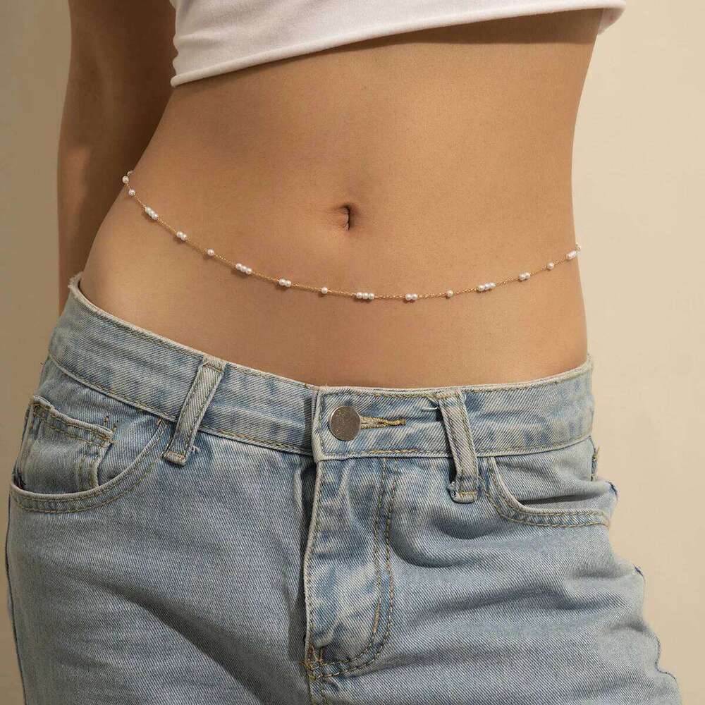 Cute Kpop Boho Simulate Pearl Thin Belt Waist Beads Chain Jeans Delicate Body Jewelry Women Harness Fashion Natural Decorations H260228